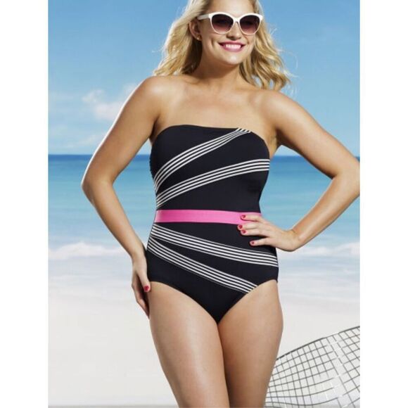 Anne Cole Stripe Bandeau One Piece Swim Suit Black/Pink/White Sz. M Beach - Picture 9 of 11